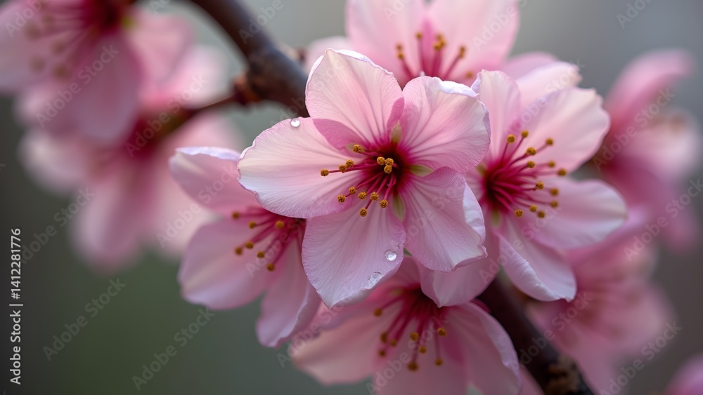 Close-up of delicate peach blossoms with dewdrops in spring, macro shot of vibrant pink flowers Close-up of delicate peach blossoms with dewdrops in spring, macro shot of vibrant pink flowers