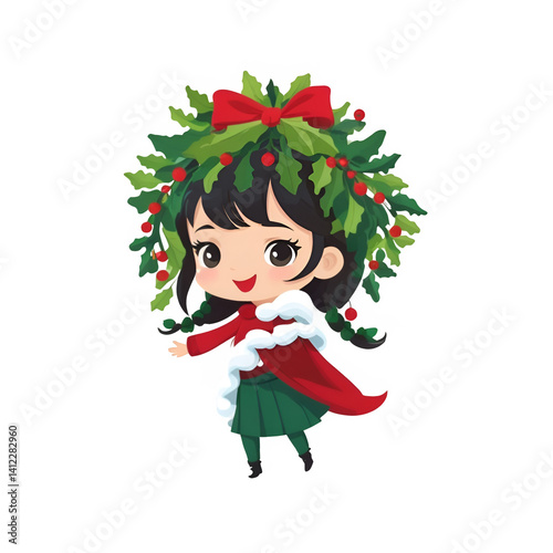 Christmas elf girl smiling near a decorated tree with gifts and holiday joy