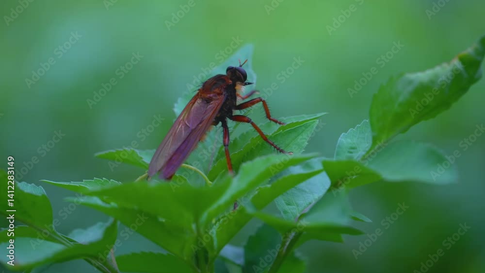 Macro Close-Up of Insect on Green Leaves. Detailed Nature Photography of a Fly. Insect Wildlife Footage. Macro Close-Up of Insect on Green Leaves. Detailed Nature Photography of a Fly. Insect Wildlife Footage.