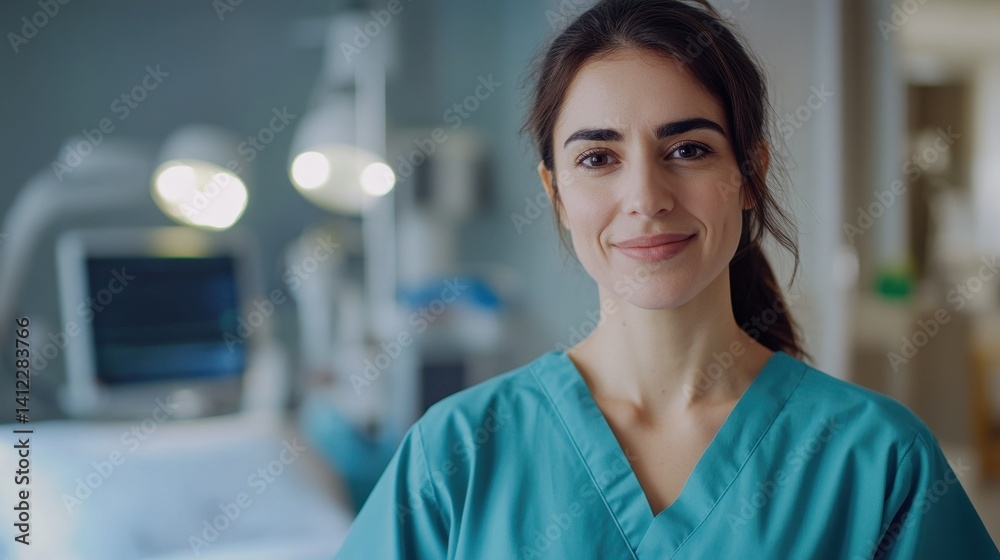 Fototapeta premium A young European female nurse stands confidently in a hospital, showcasing her professionalism and care for patients. Perfect for healthcare themes.
