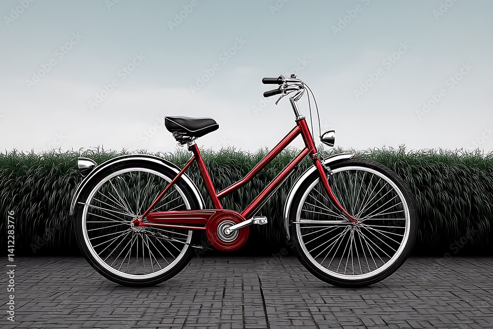 Classic Red Bicycle with Parked Outdoors, and Tranquil Scene. Classic Red Bicycle with Parked Outdoors, and Tranquil Scene.