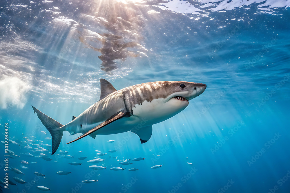 Fototapeta premium Marine Life Scene Featuring Group of Swimming Sharks