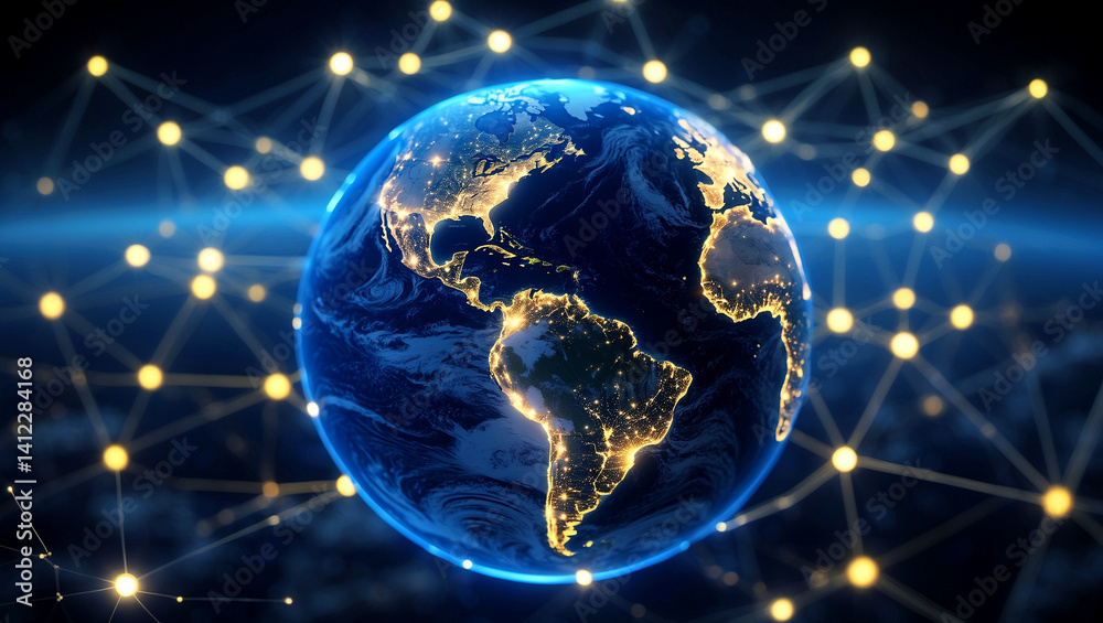 Naklejka premium Illuminated earth highlighting global connectivity at night