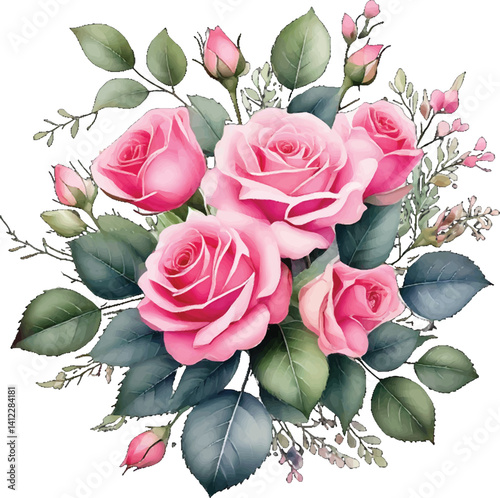 Delicate watercolor pink rose flowers arranged in a lovely bouquet. Lovely pink roses with delicate buds and green leaves. Graceful pink roses in a delicate watercolor floral bouquet