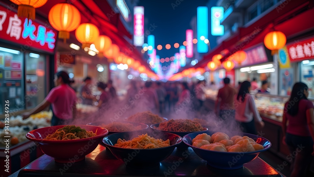 Fototapeta premium Vibrant Asian street food market with noodles, dumplings, lanterns, and bustling crowds.
