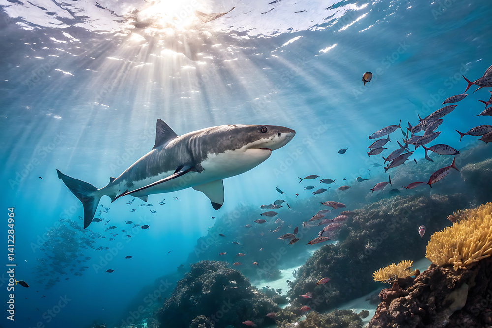 Marine Life Scene Featuring Group of Swimming Sharks Marine Life Scene Featuring Group of Swimming Sharks