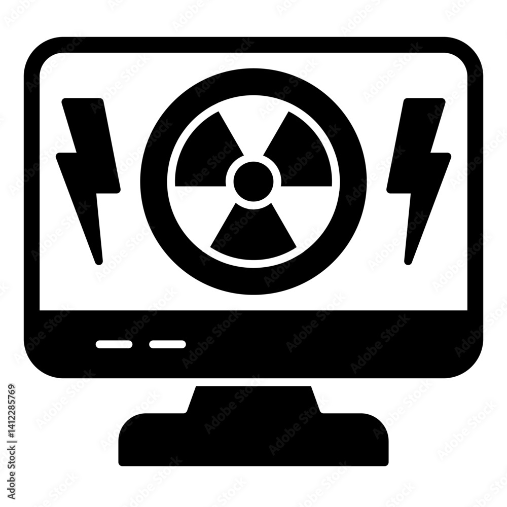 Monitor screen and radiation seal solid icon, atomic energy concept. Vector graphics. Display, radioactive and lightning sign on white background, glyph style mobile or design. Monitor screen and radiation seal solid icon, atomic energy concept. Vector graphics. Display, radioactive and lightning sign on white background, glyph style mobile or design.