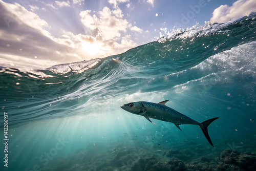 Marine Life Scene Featuring Group of Swimming Sharks