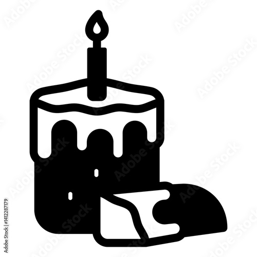 Candle with easter cake slice solid icon, easter holiday concept. Vector graphics. Easter pastry bread and candlestick sign on white background, glyph style mobile or design.