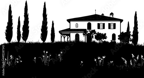 Silhouette of Mediterranean style Country retreat design, Mediterranean style Country retreat illustration art