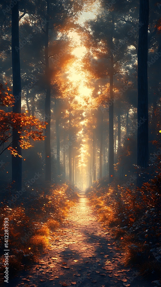 Fototapeta premium Golden Forest Path Phone Wallpaper Autumn Leaves & Sunlit Trees in Serene HD Vertical Background