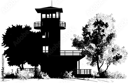 Silhouette of Mid-Century Modern style House design, Mid-Century Modern style House illustration art