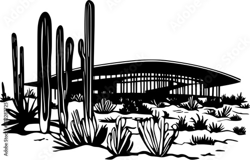 Silhouette of Mid-Century Modern style House design, Mid-Century Modern style House illustration art