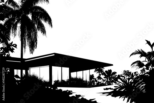 Silhouette of Mid-Century Modern style House design, Mid-Century Modern style House illustration art