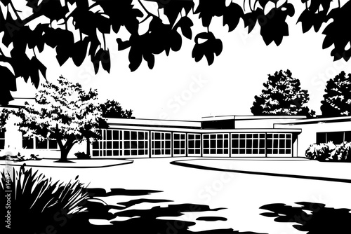 Silhouette of Mid-Century Modern style House design, Mid-Century Modern style House illustration art
