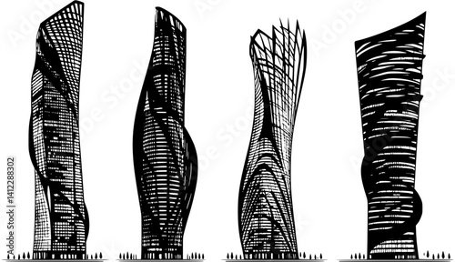 Silhouette of Modern style Office tower design, Modern style Office tower illustration art