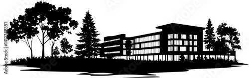 Silhouette of Modern style University building design, Modern style University building illustration art