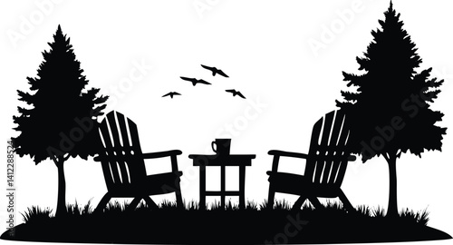 Adirondack Chairs Silhouette with Table, Coniferous Trees, Flying Birds on White
