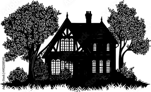 Silhouette of Tudor style Council house design, Tudor style Council house illustration art