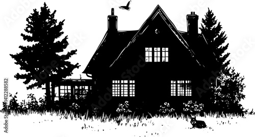 Silhouette of Tudor style Farmhouse design, Tudor style Farmhouse illustration art
