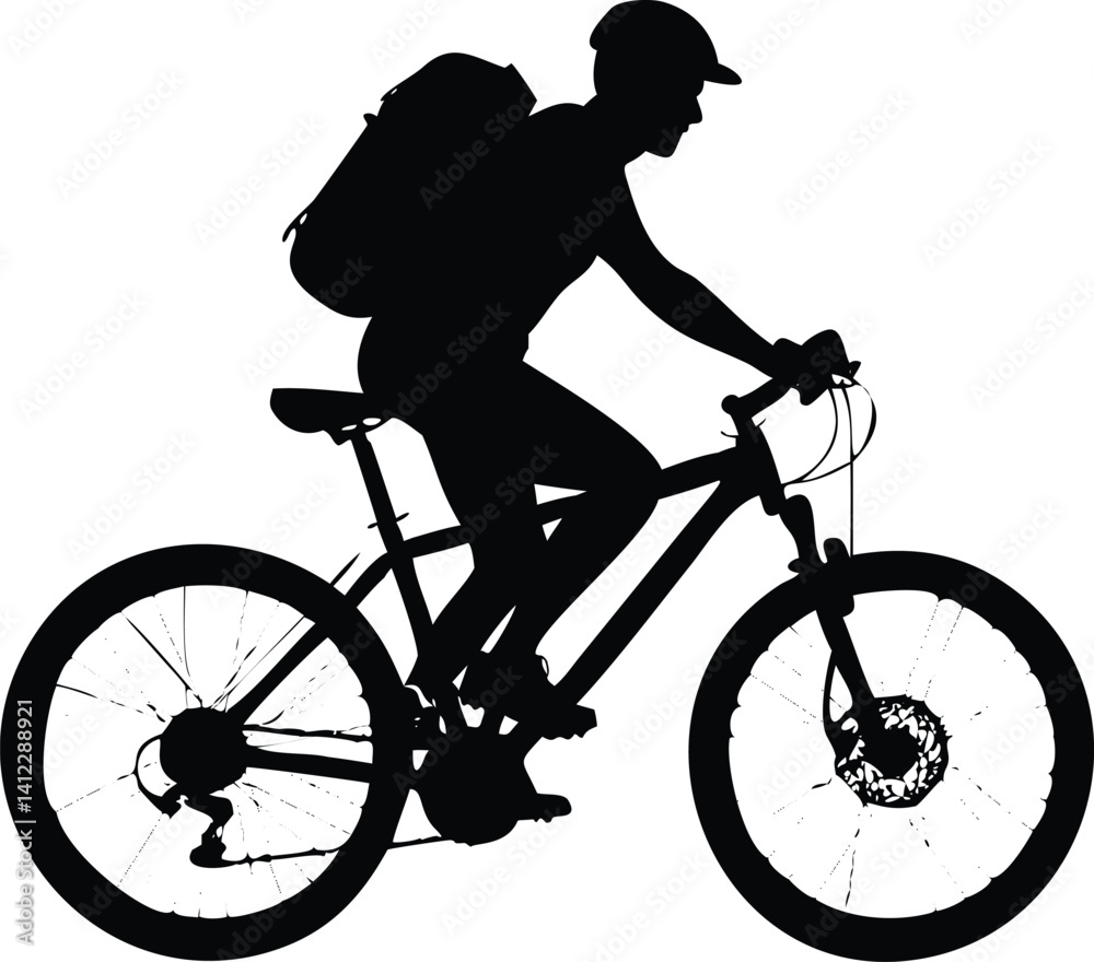 Fototapeta premium Biker Silhouette with Backpack Riding Bicycle on Transparent Background