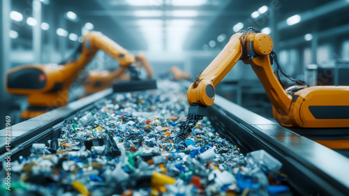 An advanced AI-powered recycling facility, where robotic arms sort and process waste with perfect efficiency