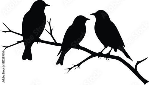 Bird Silhouettes Three Birds Perched on Tree Branch, Nature on White