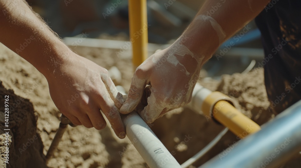 Obraz premium Plumber installing pipes at a building site. Featuring precision and efficiency