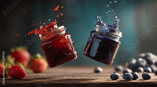 Strawberry and blueberry jams are splashing out of their glass jars