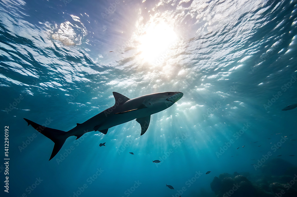 Obraz premium Marine Life Scene Featuring Group of Swimming Sharks