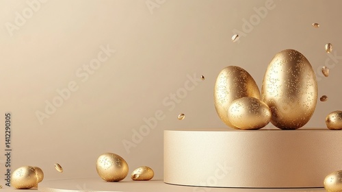 A podium with golden Easter eggs and metallic decorations, creating an elegant display for product showcasing. The background is a neutral beige to highlight the gold elements of the scene. A space on