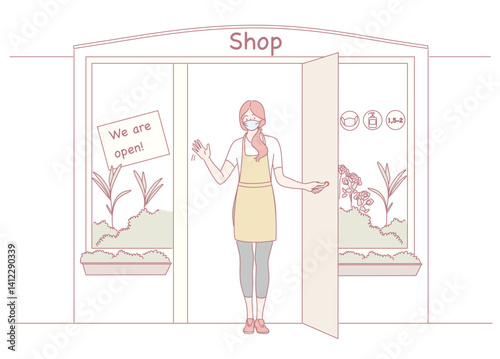 A cheerful shopkeeper greets curious customers at an open door, wearing a mask in a colorful, quaint shop