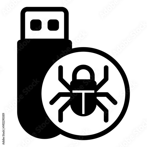 Flash drive with virus solid icon, hacker attacks concept. Vector graphics. Hacker exploit, bug on pen drive sign on white background, glyph style mobile or design.