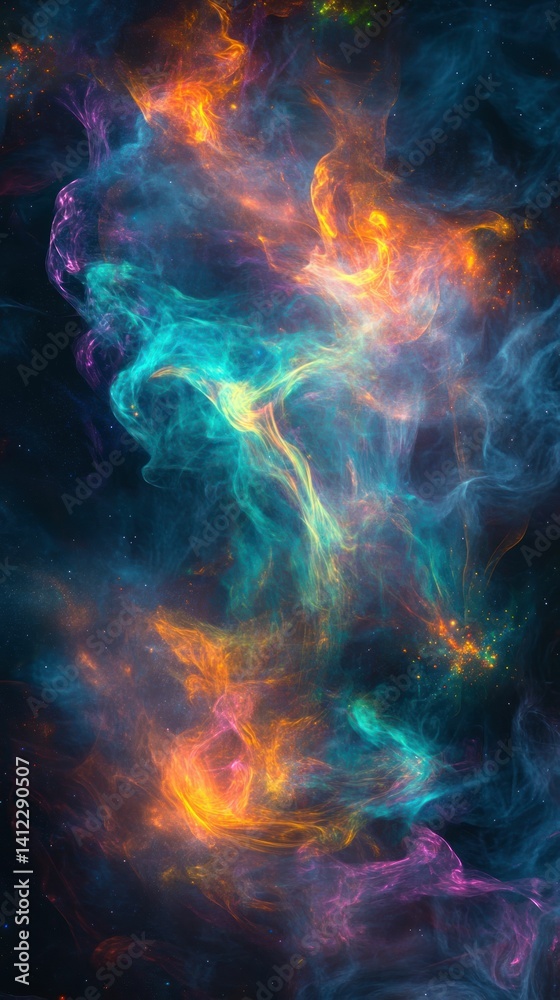 Vibrant interstellar cloud formation blending warm orange and cool cyan hues softly Vibrant interstellar cloud formation blending warm orange and cool cyan hues softly