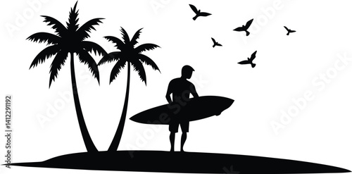 Black silhouette of male surfer holding surfboard with palms, birds on beach