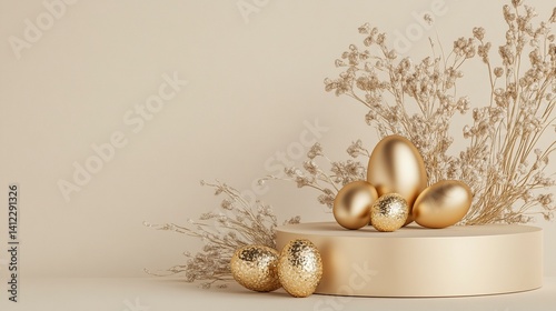 A podium with golden Easter eggs and metallic decorations, creating an elegant display for product showcasing. The background is a neutral beige to highlight the gold elements of the scene. A space on