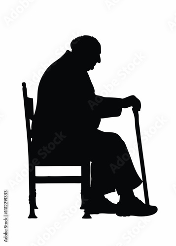 Old Man Sitting with Cane Silhouette Vector – Elderly Clipart for Senior Themes