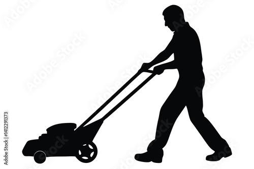 Black silhouette of man pushing lawnmower, garden maintenance on transparent background
