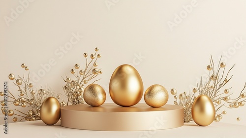 A podium with golden Easter eggs and metallic decorations, creating an elegant display for product showcasing. The background is a neutral beige to highlight the gold elements of the scene. A space on
