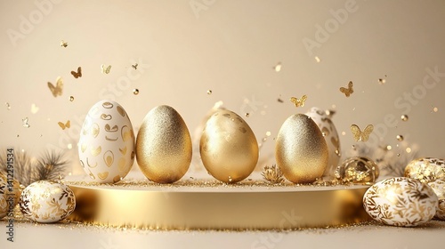 A podium with golden Easter eggs and metallic decorations, creating an elegant display for product showcasing. The background is a neutral beige to highlight the gold elements of the scene. A space on