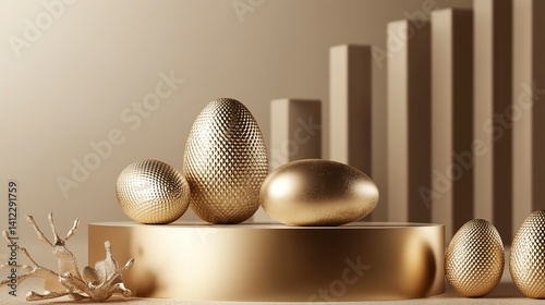 A podium with golden Easter eggs and metallic decorations, creating an elegant display for product showcasing. The background is a neutral beige to highlight the gold elements of the scene. A space on
