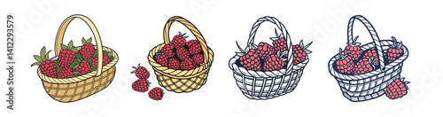 Basket full of raspberries illustration, food, berry, cartoon