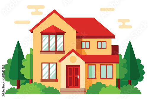 Cartoon TwoStory House with Red Roof, Green Trees, and Yellow Background Style