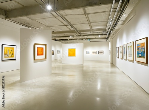 Wallpaper Mural A white wall with an empty square frame in the middle of a modern art gallery, with soft lighting and a sleek concrete floor. The room is spacious and bright, with various framed paintings. Torontodigital.ca