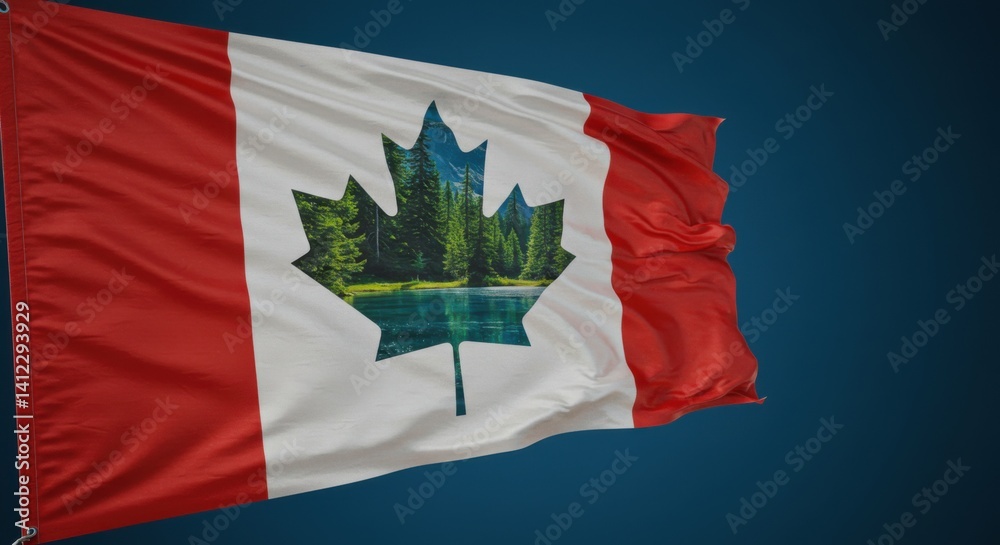 Naklejka premium Canadian Flag Nature Blend: Forests, Lakes, and Patriotism