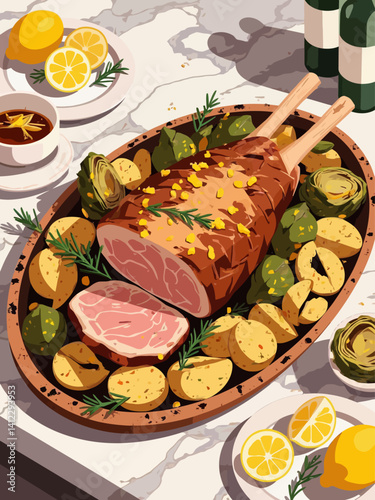  a traditional Southern Italian Easter dish oven-roasted leg of lamb, golden brown and juicy