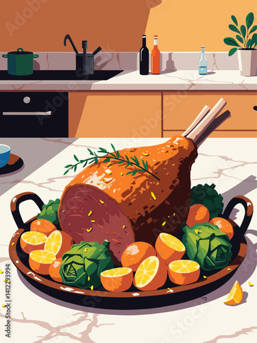 a traditional Southern Italian Easter dish oven-roasted leg of lamb, golden brown and juicy