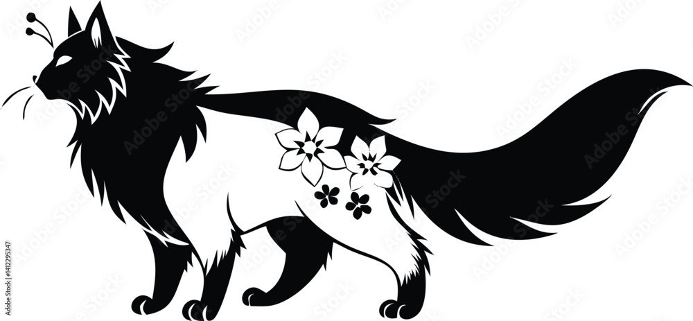 Fototapeta premium Detailed cat with floral elements in black and white palette