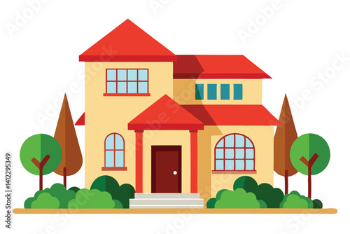 Detailed TwoStory House with Red Roof, Green Trees, Bushes, and Tan Exterior