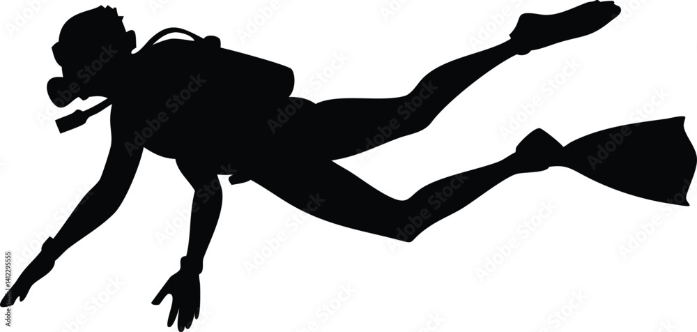 Diver Silhouette with Tank, Fins and Mask Floating on Transparent Background Diver Silhouette with Tank, Fins and Mask Floating on Transparent Background